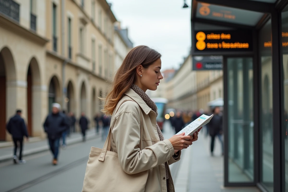 Femme consultant un plan de transport en commun devant un arrêt de tram au Mans en centre-ville