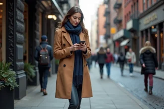 Femme en manteau camel checkant son téléphone à Soho