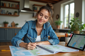 Jeune femme écrivant dans un carnet de voyage à la maison