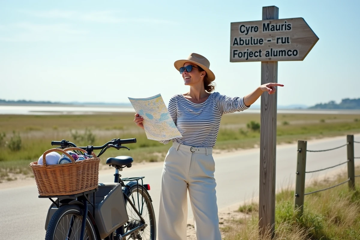 Femme tenant une carte cyclable de l'île de Ré près d'un vélo cargo sur une piste côtière bordant les marais salants
