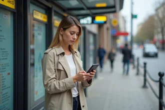 Femme consultant l'itinéraire bus sur Mappy depuis son smartphone à un arrêt de bus en ville