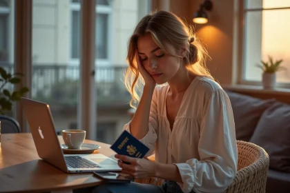 Femme avec passeport dans une cuisine parisienne au matin
