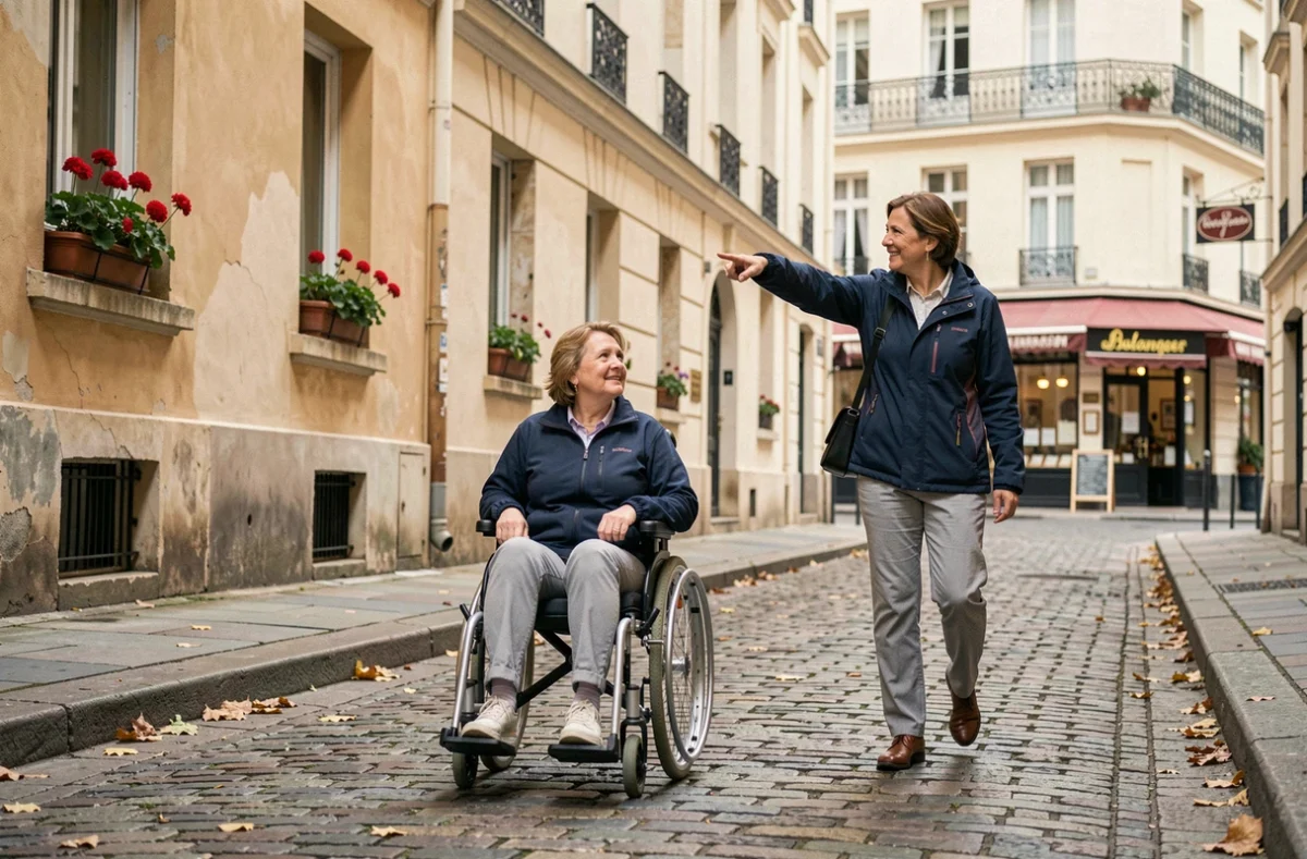 Femme en fauteuil roulant naviguant une rue pavée accessible de Montmartre en compagnie d'un proche, façades parisiennes en arrière-plan