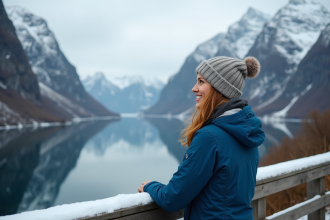 Femme souriante regardant le fjord norvegien