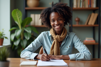 Jeune femme kenyane remplissant un formulaire de visa