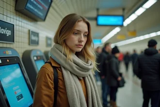 Jeune femme dans le métro parisien compare Navigo