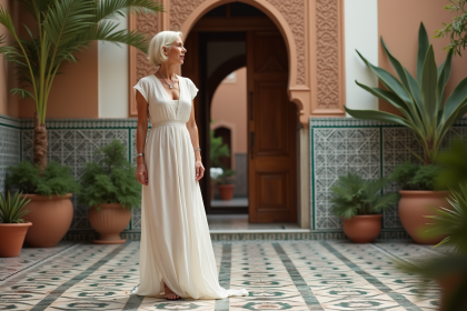 Femme élégante en robe blanche dans un patio marocain