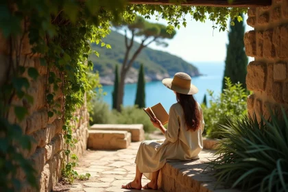 Femme lisant à l'ombre sur l'île de Lokrum en Croatie, entourée de végétation méditerranéenne dense pour éviter la chaleur estivale