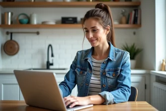 Femme utilisant un ordinateur portable dans une cuisine lumineuse