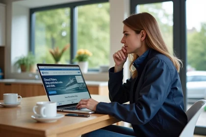Femme utilisant un ordinateur pour comparer des routes de ferry
