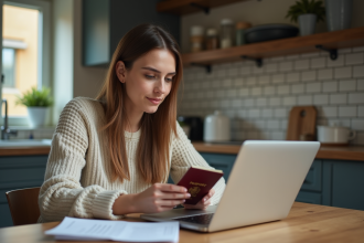 Femme regardant son passeport et son ordinateur portable
