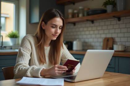 Femme regardant son passeport et son ordinateur portable
