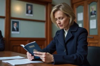 Femme française examine son passeport biométrique dans un bureau officiel
