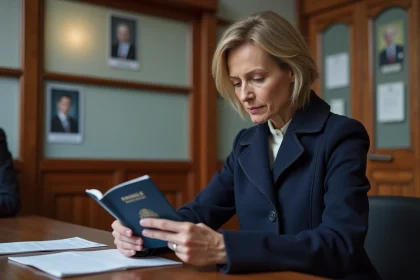 Femme française examine son passeport biométrique dans un bureau officiel