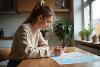 Jeune femme planifiant un voyage avec son smartphone dans un appartement moderne