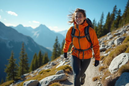 Jeune femme en équipement de randonnée en montagne