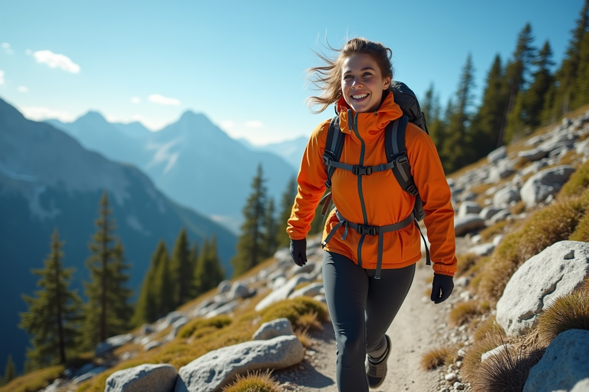 Jeune femme en équipement de randonnée en montagne