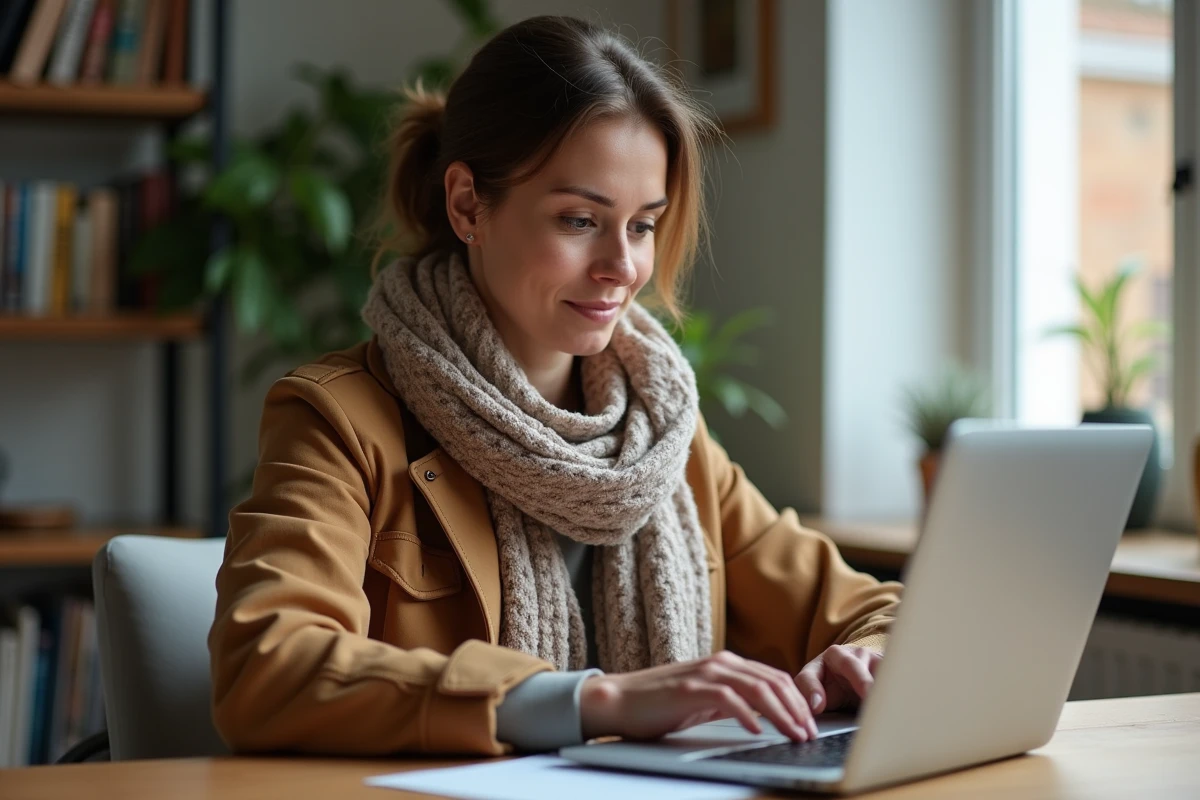 Femme assise à un bureau à domicile réservant Eurotunnel