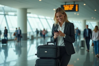 Femme souriante &agrave; l'a&eacute;roport de Los Angeles avec valise