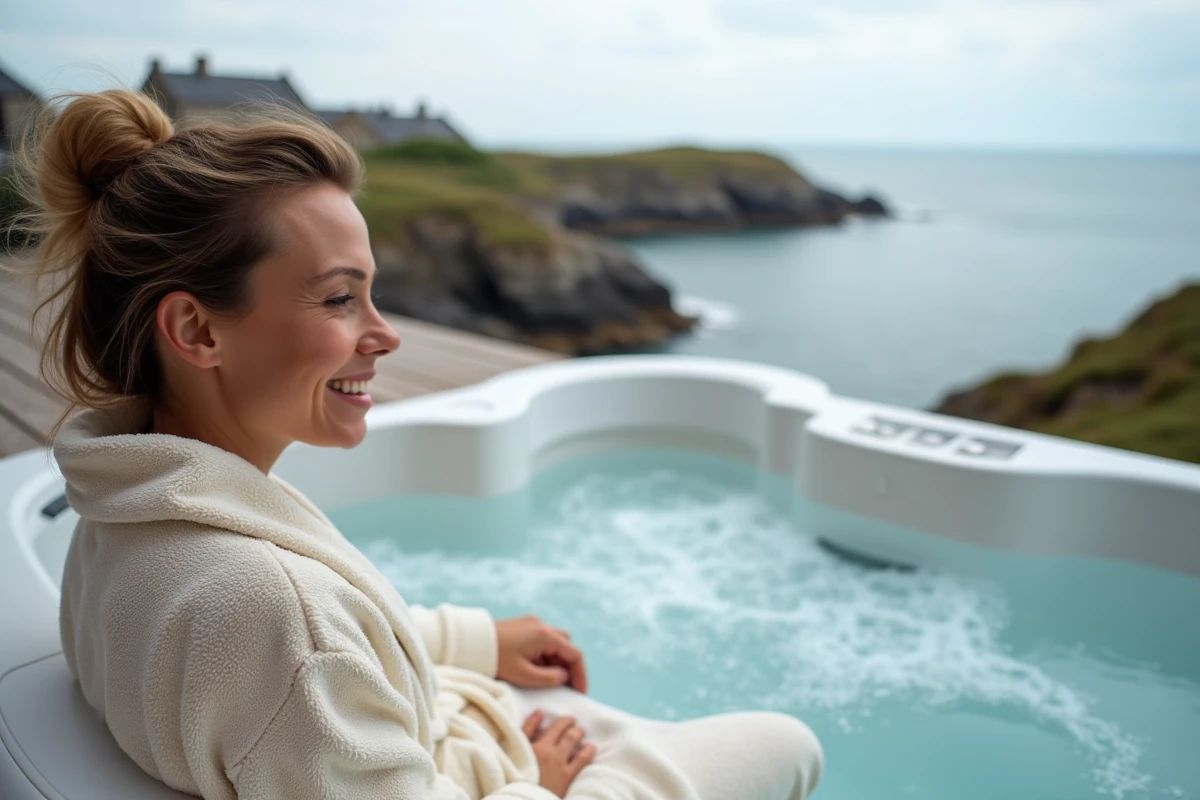 Femme dans un jacuzzi spa face à la mer en Bretagne