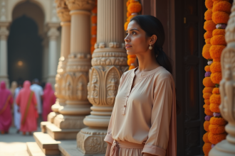 Femme devant un temple indien avec sculptures et fleurs