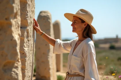 Femme m&eacute;diterran&eacute;enne touchant les pierres anciennes &agrave; Ggantija