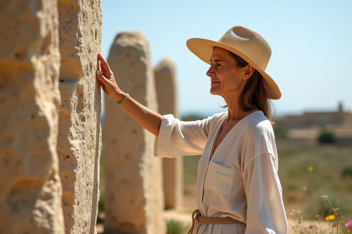 Femme méditerranéenne touchant les pierres anciennes à Ggantija