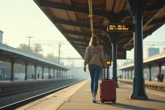 Femme en jeans et veste sur une plateforme de train