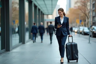 Femme professionnelle en déplacement domicile-travail avec valise dans une rue urbaine moderne