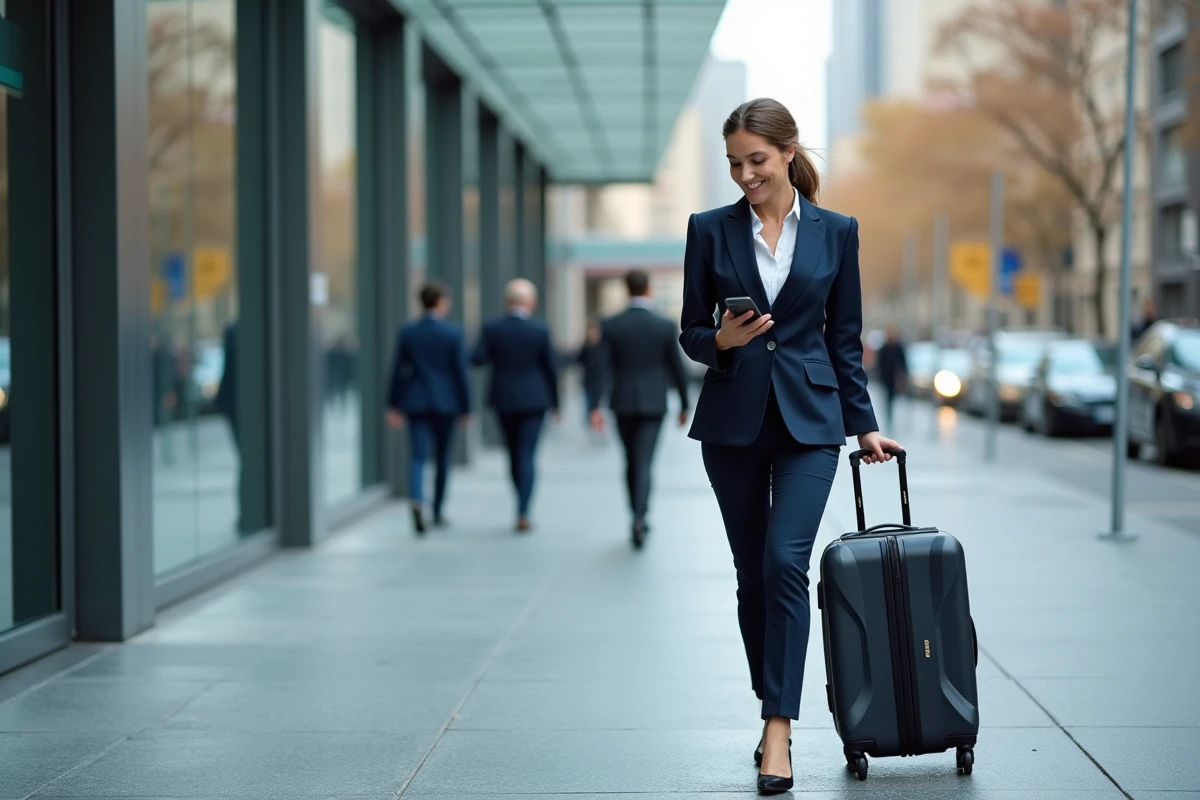Femme professionnelle en déplacement domicile-travail avec valise dans une rue urbaine moderne