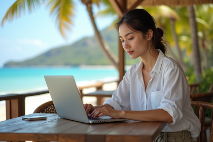 Jeune femme travaillant sur un ordinateur au café plage