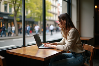 Femme travaillant sur un ordinateur dans un café urbain cosy