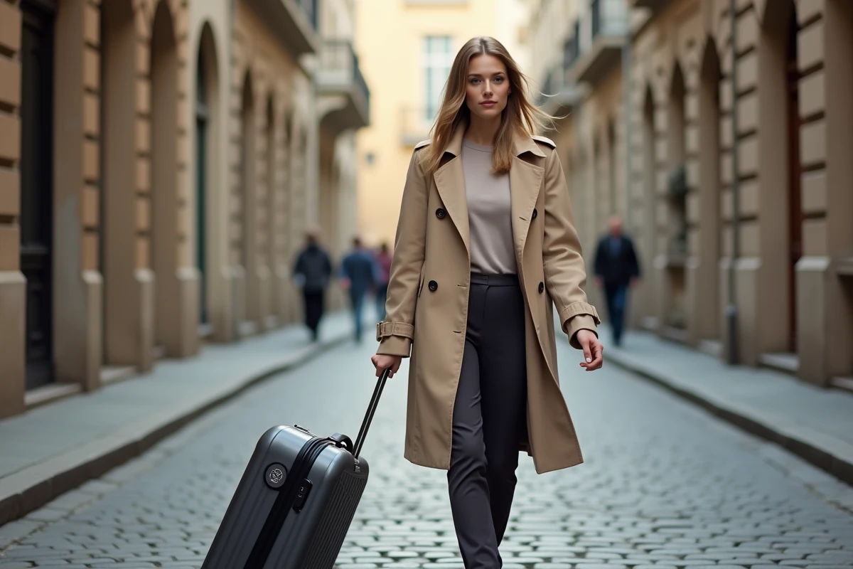 Femme élégante tirant une valise grise avec autocollant minimaliste botanique dans une rue européenne pavée