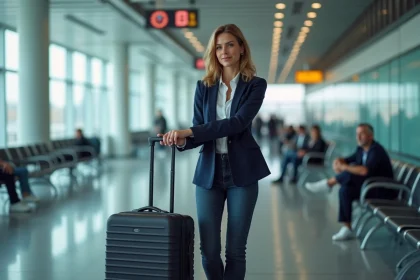 Femme plaçant une valise cabine rigide à roulettes dans le compartiment supérieur d'un avion en aéroport