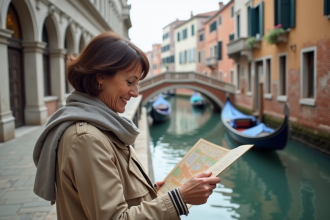 Femme regardant une carte près d un canal à Venise