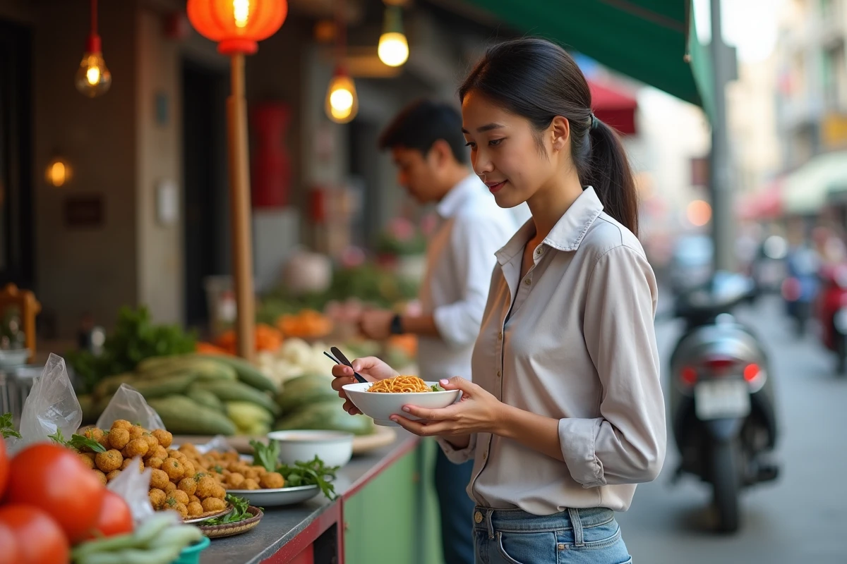 Femme vietnamienne examine un bol de nouilles dans une rue animée