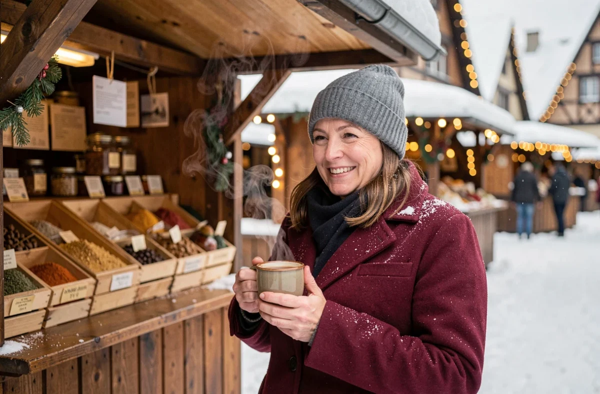 Femme souriante dégustant un vin chaud au marché de Noël de Strasbourg sous la neige