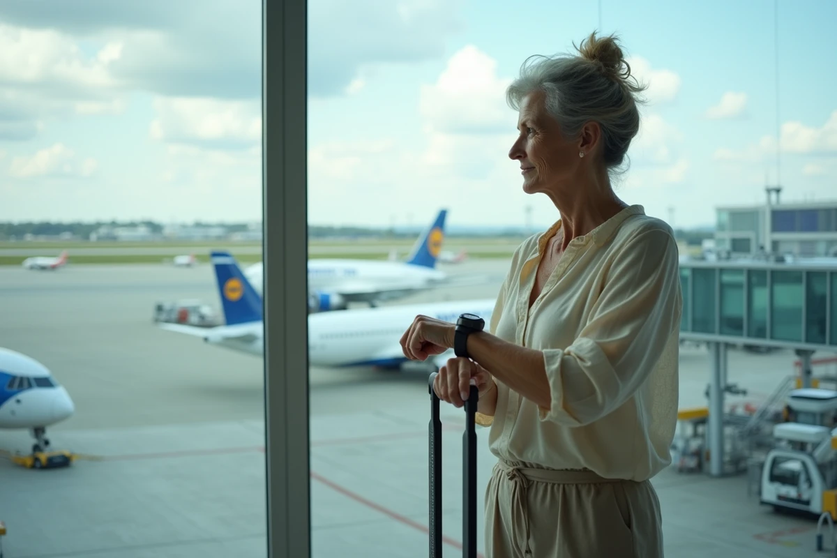 Femme d age mûr vérifiant sa montre à l aéroport