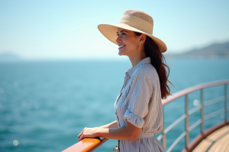 Femme souriante en robe rayée sur un yacht au large