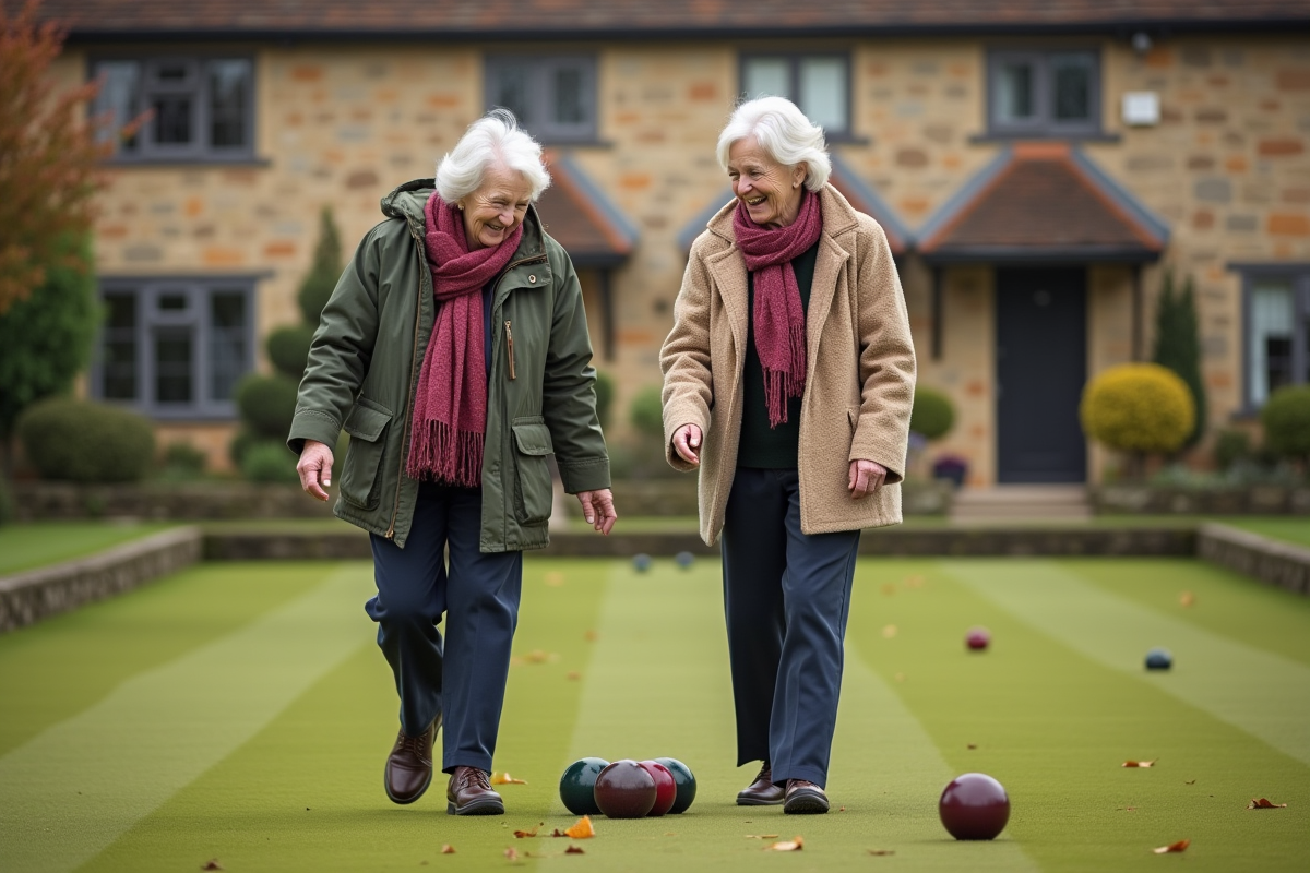 Deux femmes âgées jouant aux boules dans un village anglais
