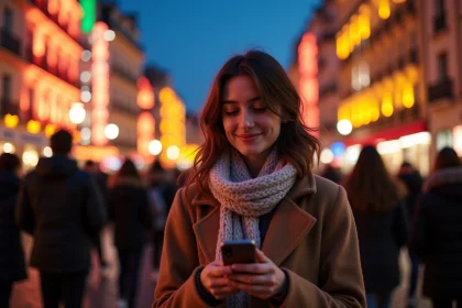Jeune femme souriante lors de la Fete des Lumieres &agrave; Lyon