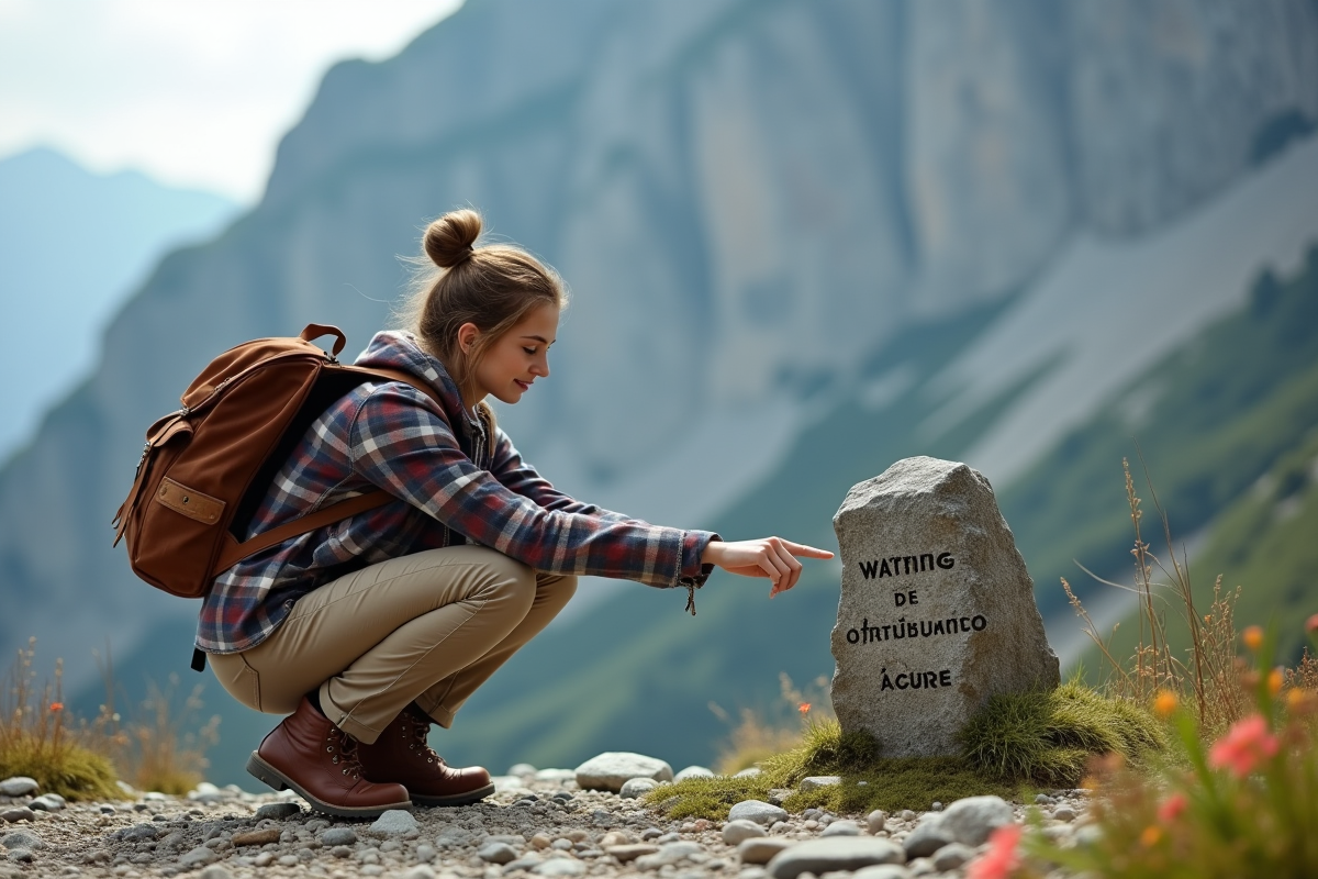Jeune femme indique un marqueur géographique au pied de la montagne