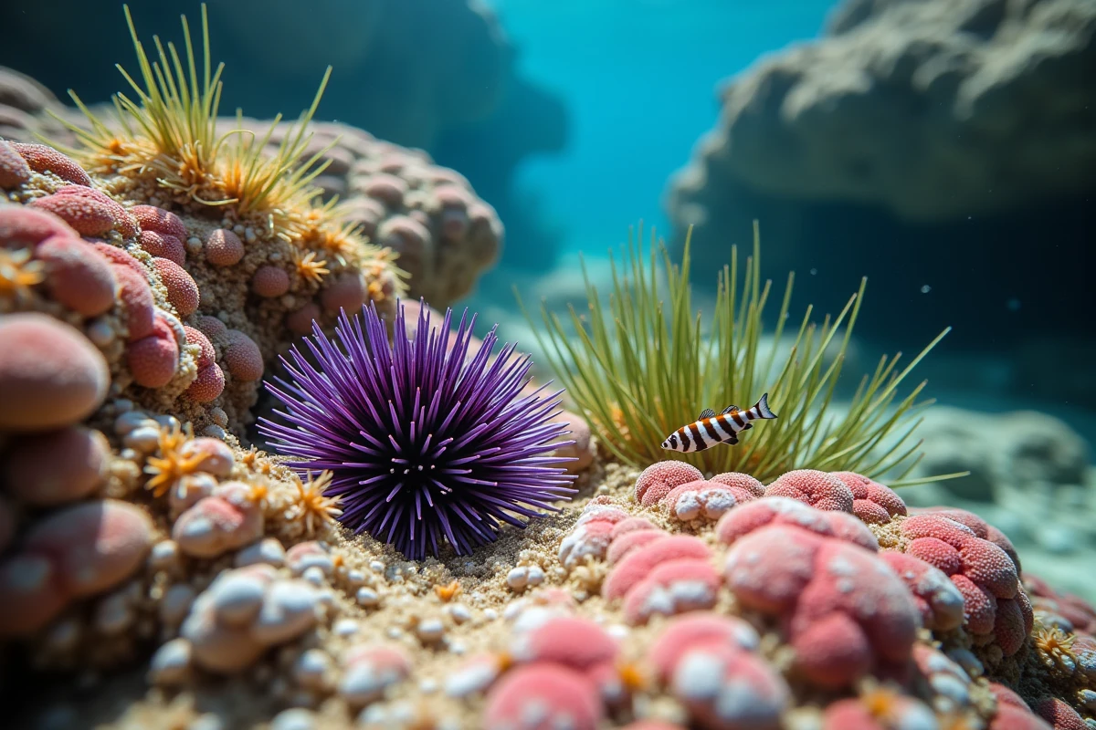 Fonds marins méditerranéens en gros plan avec oursin et poisson près de Pise lors d'une session snorkeling