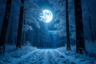 Forêt enneigée la nuit avec lune brillante et ciel étoilé