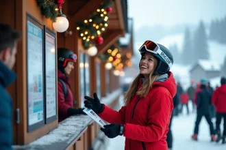 Jeune skieuse tenant un forfait de ski au guichet d'une station alpine décorée pour Noël