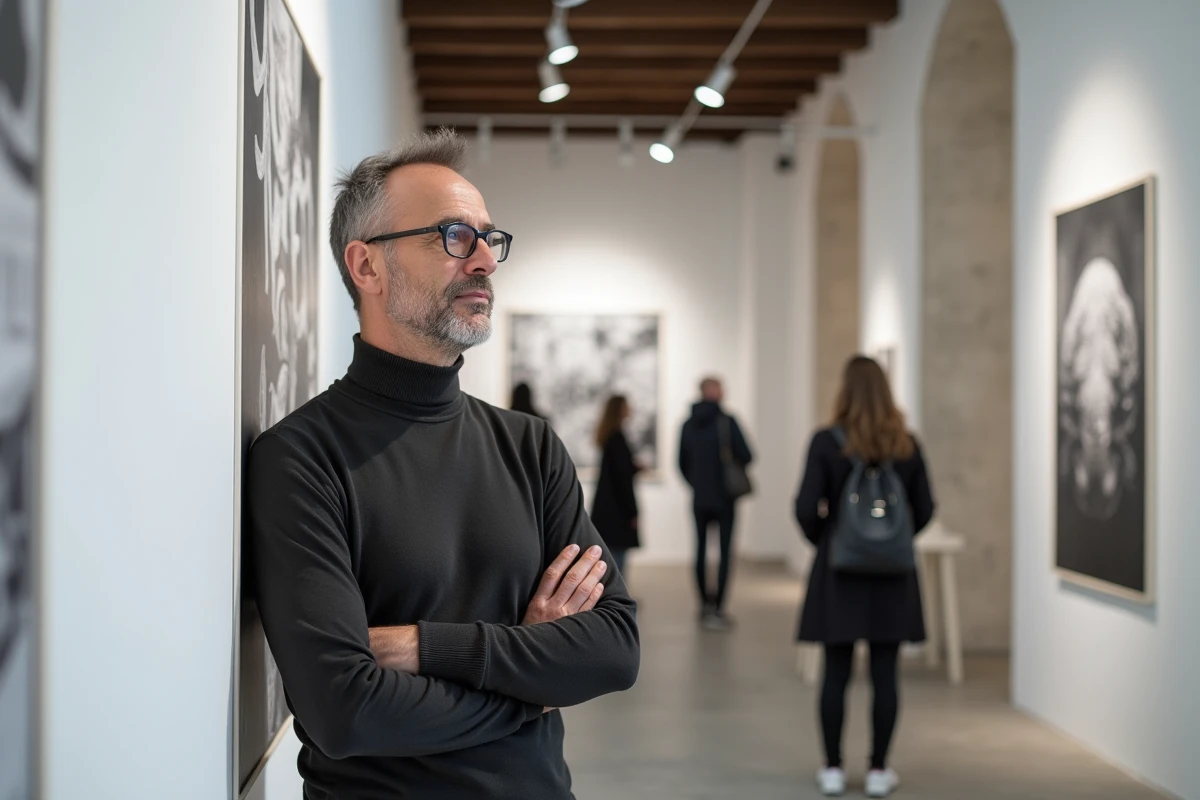 Visiteur contemplant une exposition photo dans une galerie d'art contemporain à Tanger