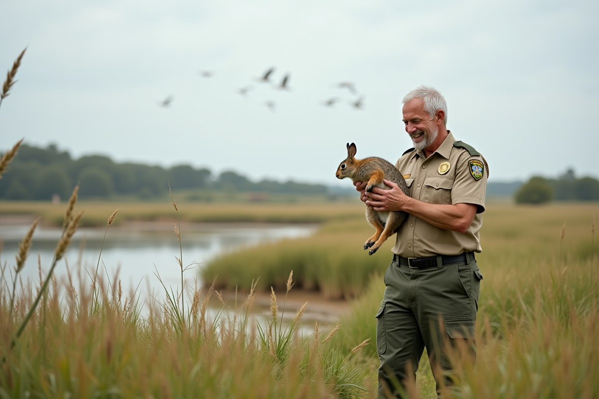 Gardien de parc relâchant un lièvre dans la nature