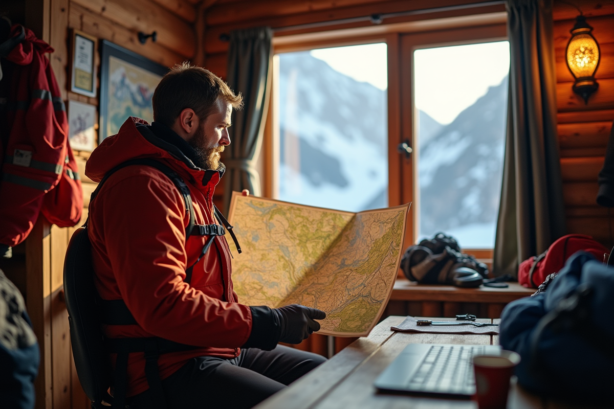 Gardien de refuge étudiant une carte dans un intérieur chaleureux de montagne