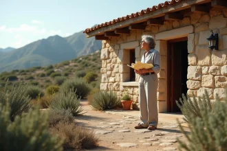 Gîte en pierre typique du nord de la Corse entouré de maquis, avec une femme consultant une carte sur la terrasse