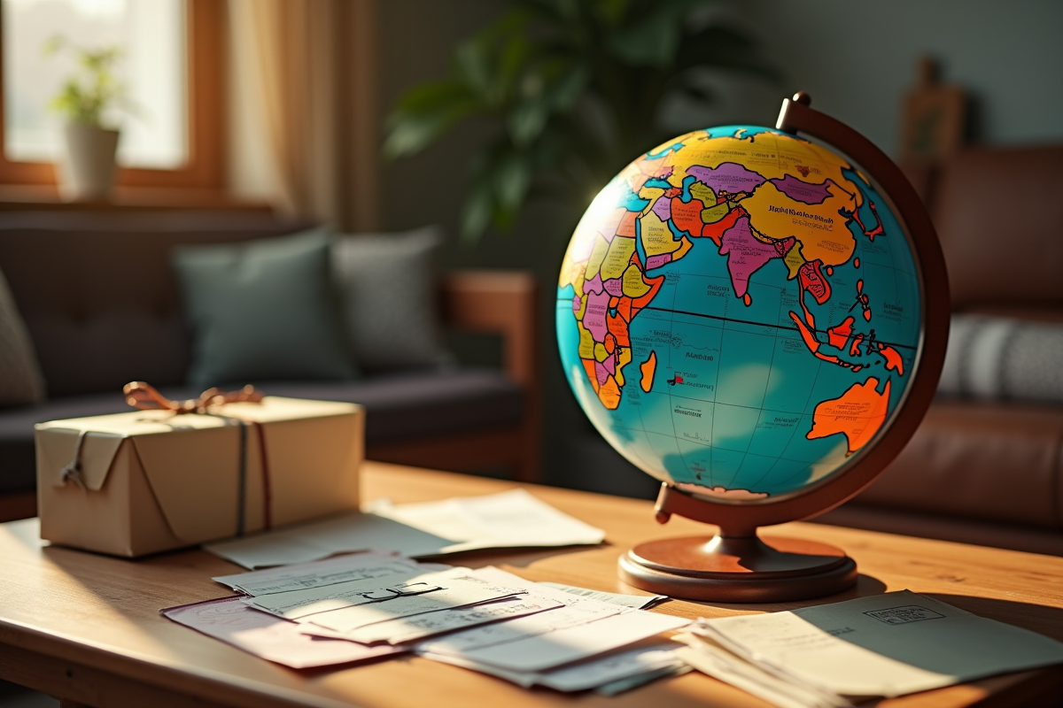 Globe sur une table avec lettres et colis dans un salon chaleureux